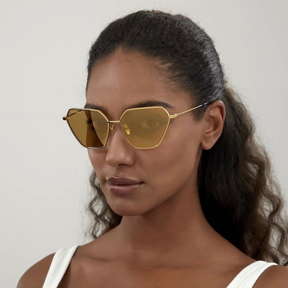 NEW BB0194S 002 BALENCIAGA GOLD YELLOW GEOMETRIC WOMEN BALENCIAGA SUNGLASSES - Picture 1 of 10